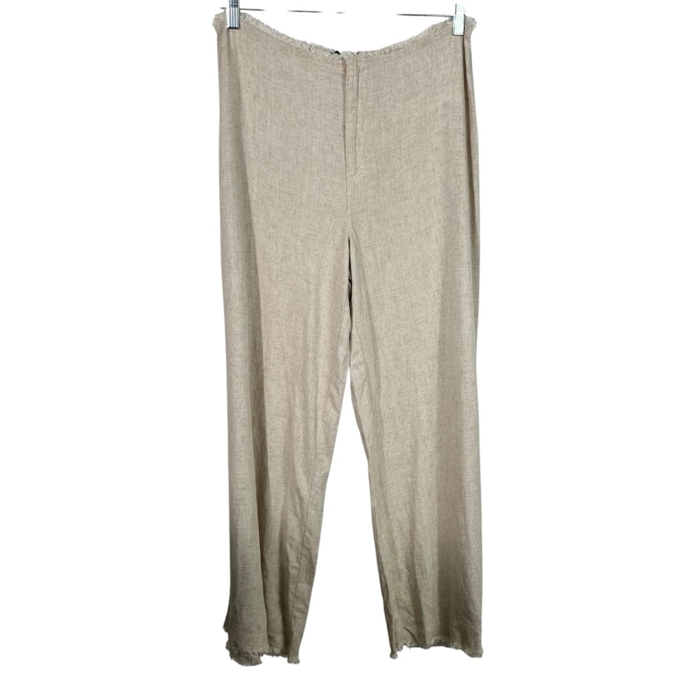 H&M Linen Blend Light Brown Beige Breathable Raw Cut Hem Straight Leg Pants 10
